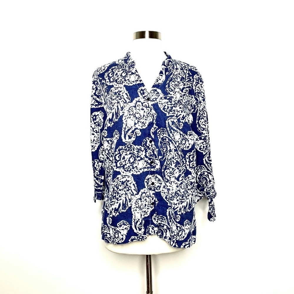 JM COLLECTION 100% Linen Top Blue White Paisley Print Women Size 12 Tie Sleeve